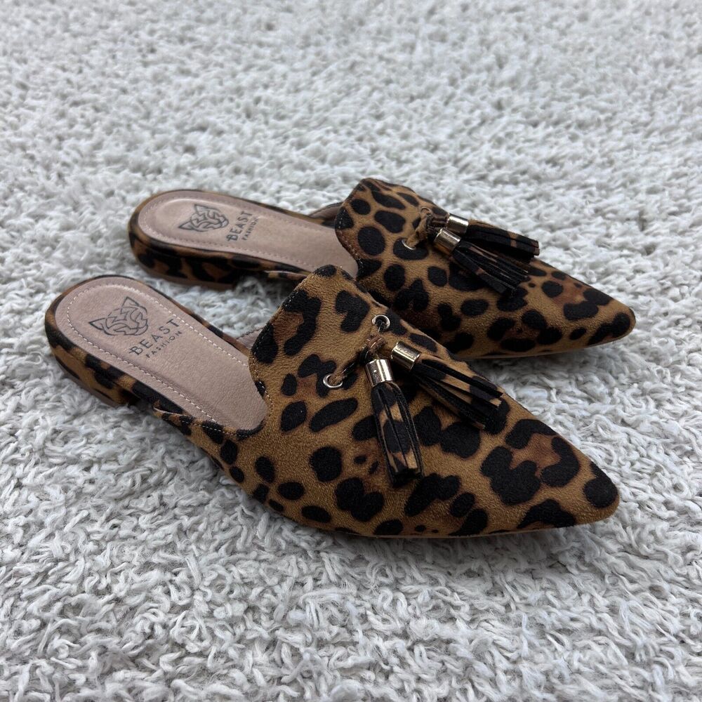 BEAST FASHION Leopard Print Pointed Toe Tassel Mules - Brown & Black